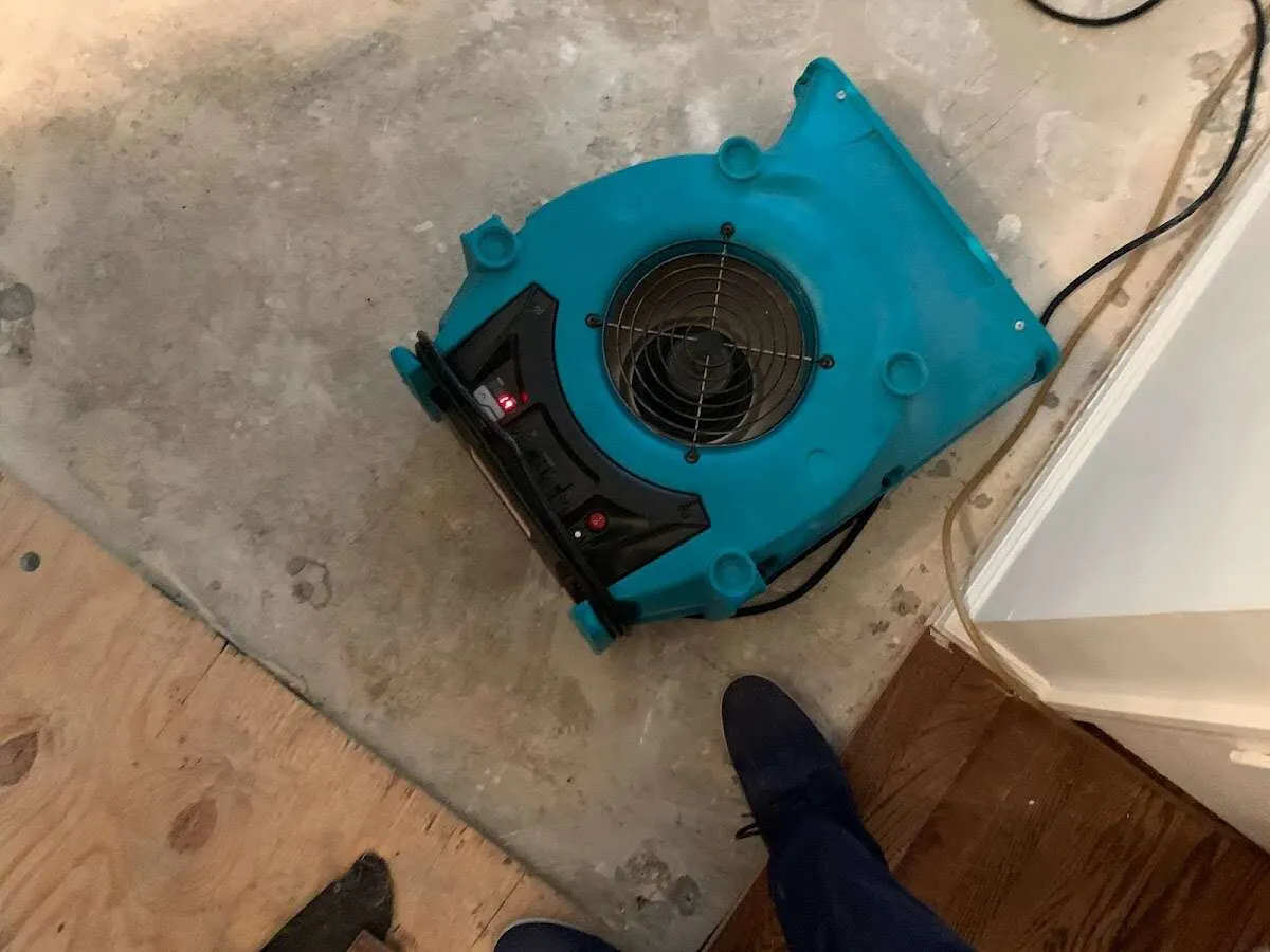 Air mover drying subfloor during Leak Detection & Repair in Long Beach
